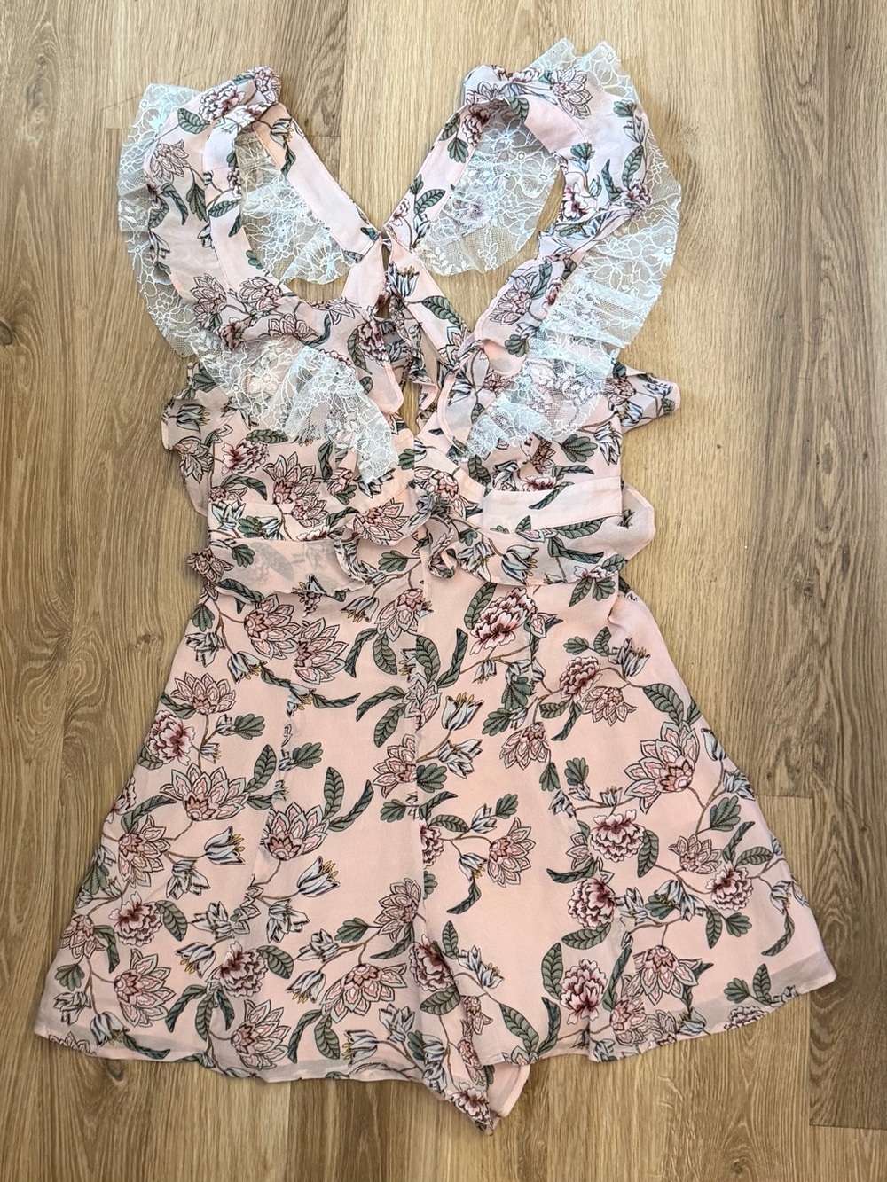 For Love & Lemons Pink Floral Lace-Trim Romper